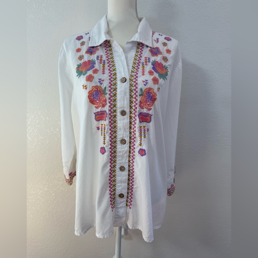 PARSLEY and SAGE Embroidered Floral Button Tunic Blouse White L Rayon
